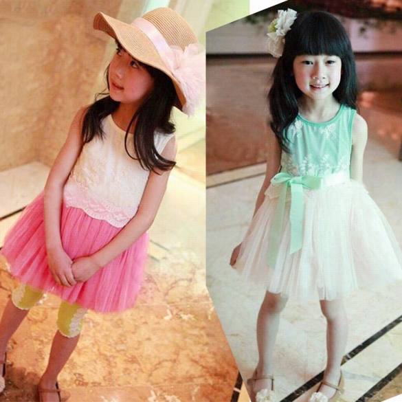 New Kids Giirls Wear Cute O-neck Embroidered Lace Gauze Sleevveless Dress Casual Cause Tutu Dress