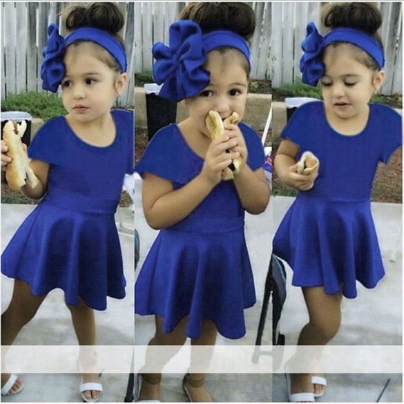 New Kids Girl's Wear Fashion Bubble Solid Compendious Sleeve Cute Dress With Bow Hair Band