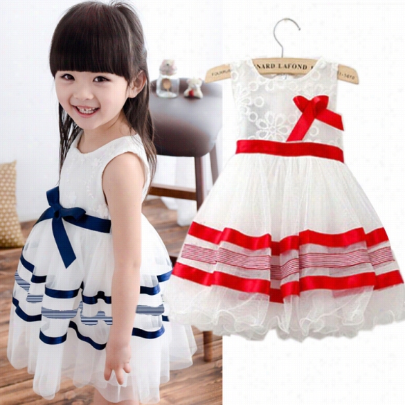 New Kids Girl's Wear Sleeveless Mesh Stripe Lace Cute Bubble Dress