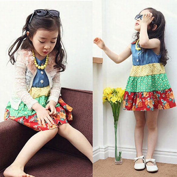 New Kids Girl's Wear Sleeveless Sundress Floral Patchwork Bow Decor Casual Pleated Dress 4-9y