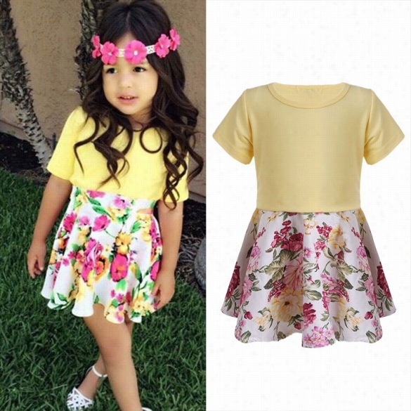 New Kis Girl's Wear Solid T- Shirt And Floral Print Skirt Two-piece Set