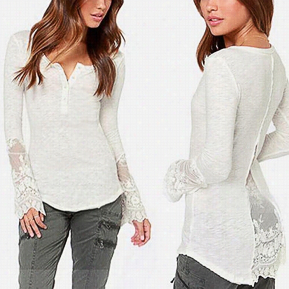 New Lady Women Fashion Long Sl Eeve O-neck Lace Emb Roidery Casual Slim Long Top Blouse