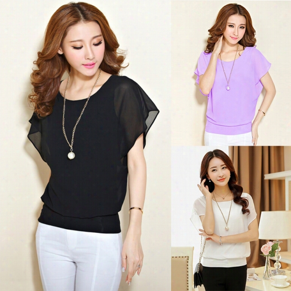 New Lady Women's Fahsion Batwing Sleeve O-neck Sexy Chiffon Casual Loose Crop Blouse