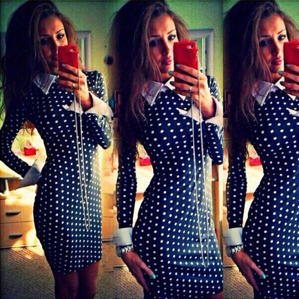 New Lady Woken's Long Sleeve Loose-fitti Ng Polka Dot Dress Fasshion Style Stretch Bodycno Dress