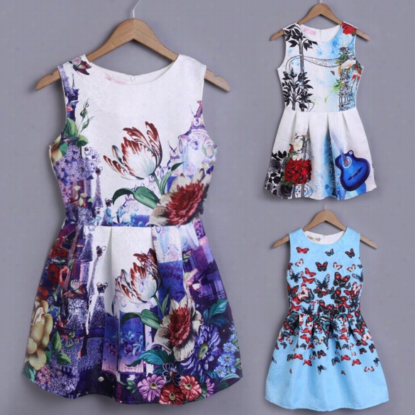 New Lady Women's O-neck Sleeveless Knee Length 4types Retro Floral Prnit Dress