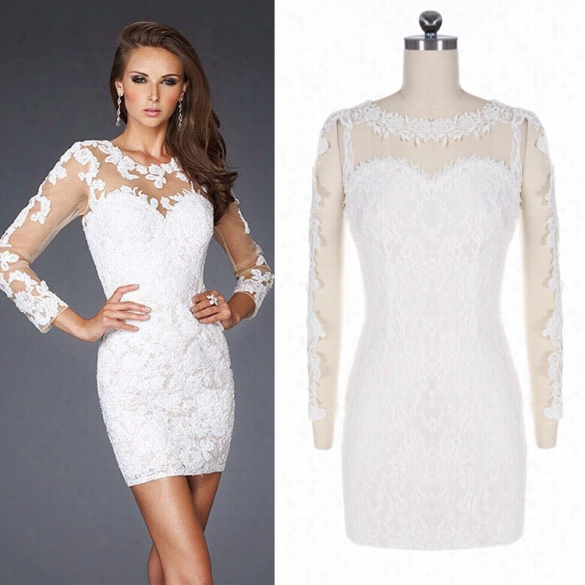 New Sexy Women O-neck Long Sleeve  Crochet Cocktail Party  E Vening Bridesjwid Wdding Dress