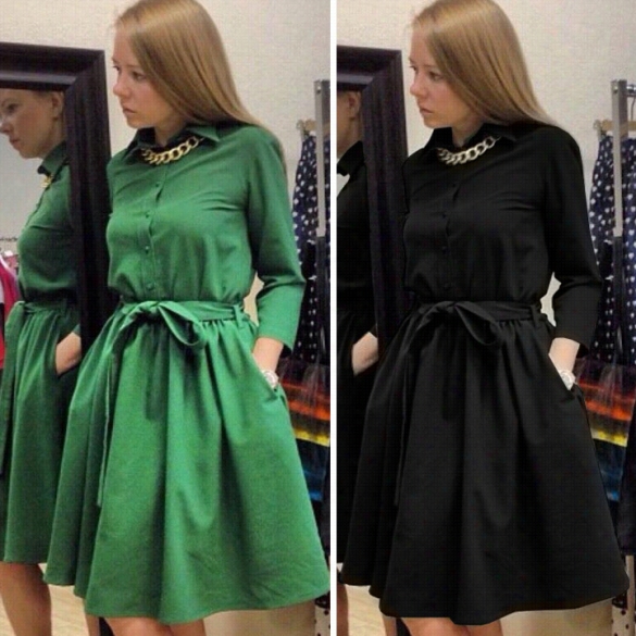 New Style Fashion Lady Women's Acusal Long Sleeve Lapel Elgant Dress
