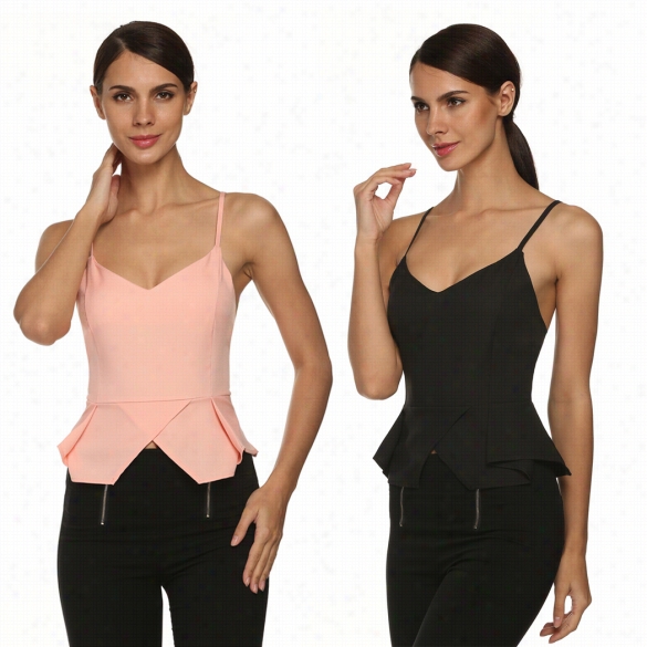 New Stylish Angvns Women Casual Spaghetti Strap V Neck Backless Solid Blouse