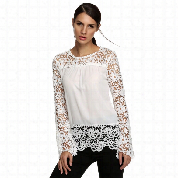 New Stylish Ladies Casual Chiffon Long Sleeve Round Neck Lace Crochet Sihrt Blouse