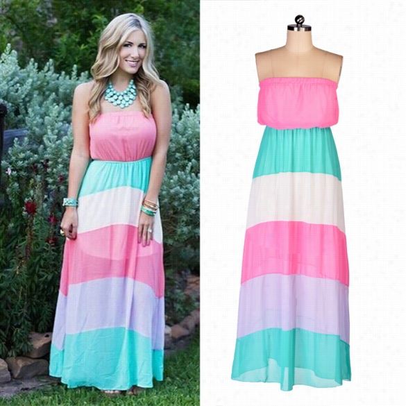 New Stylish Ladies Women Elegant Colorful Patchwork Chiffon Maxi Dress