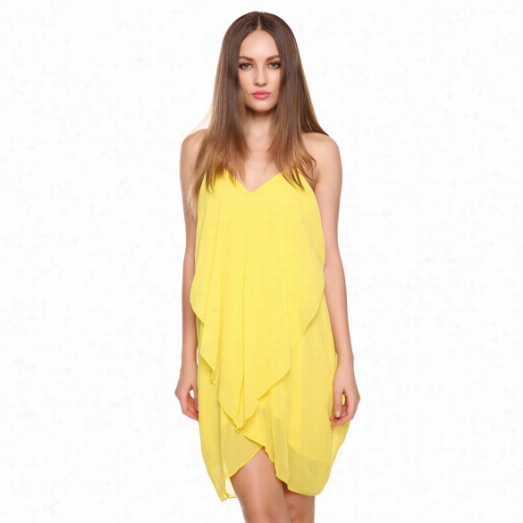 New Stylish Ladies Women Sexy V Neck Sleeveless Asymmetrical Chi Fffon Dress