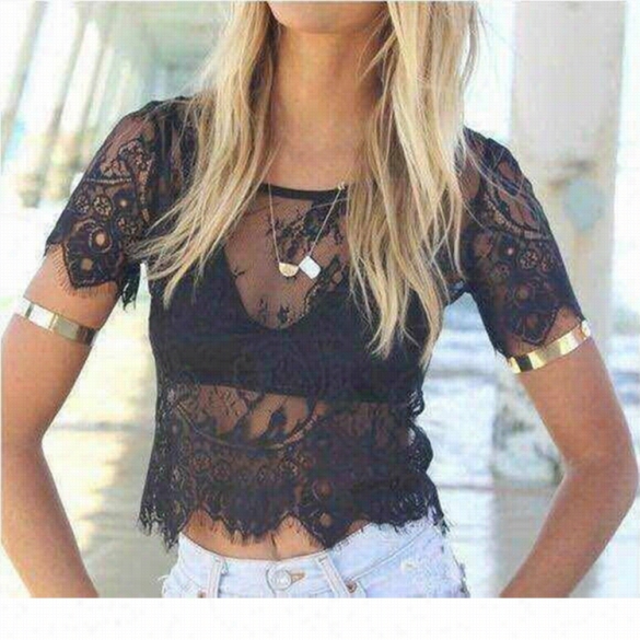 New Stylish Lady Women Short Sleeve O-neck Sexy Lace Perspective Tops Blouse