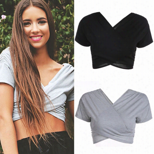 Repaired Stylish Lady Women's Sexy V-neck Short Sleeve Bodycon Slim Solid Crop Top