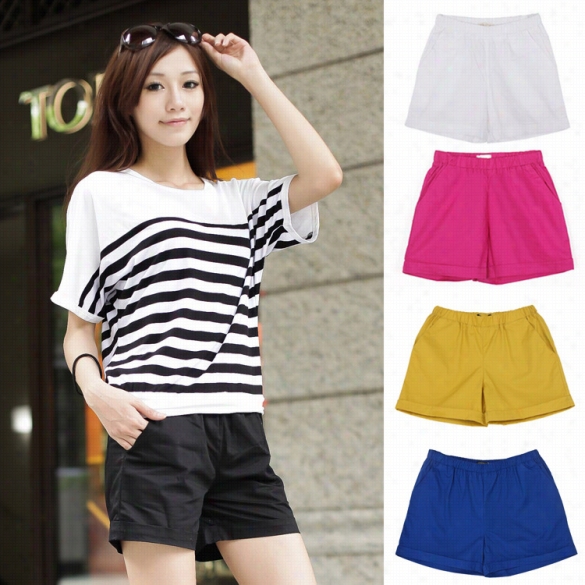 New Womn Fashin  Korean Style Candy Color Solid Elastic Waist Casual Shorts