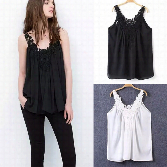 New Wom En Fashion Sleeveless V-neck Sexy Lace Patchwork Loose Casual Chiffon Crop Blouse