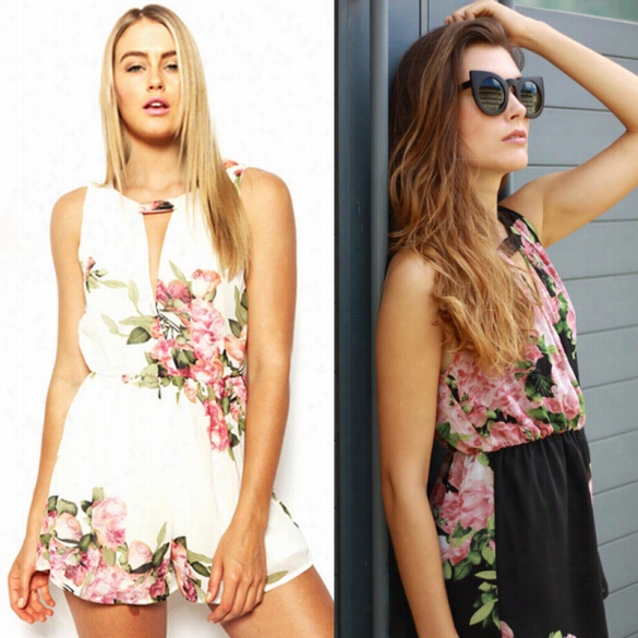 New Women Open Back Chiffon Floral Rompers Mnii Jumpsuit Cute Overalls Playsuits