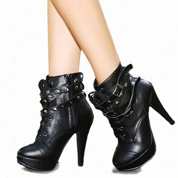 New Women Synthetic Leather Lace Up High Heel Ankle Boot Booties Buckle Rivets Stiletto Shoes