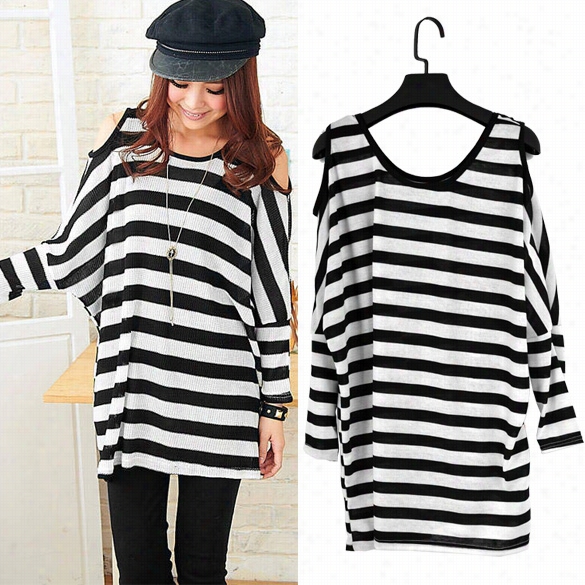 New Women's Casualo Vf Shoulder Bat Sleeve Cross Stripe T-shirt Dress Round Neck