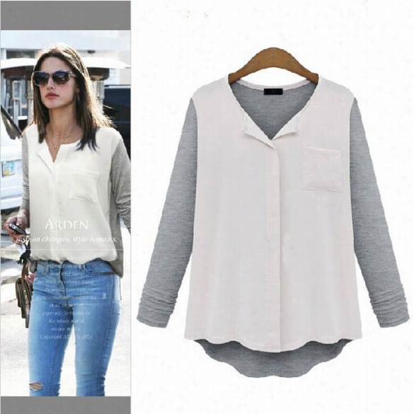 New  Women's Fashio Long Sleeve Tops Shirt Casual Loose Splicing Chiffon B Louse