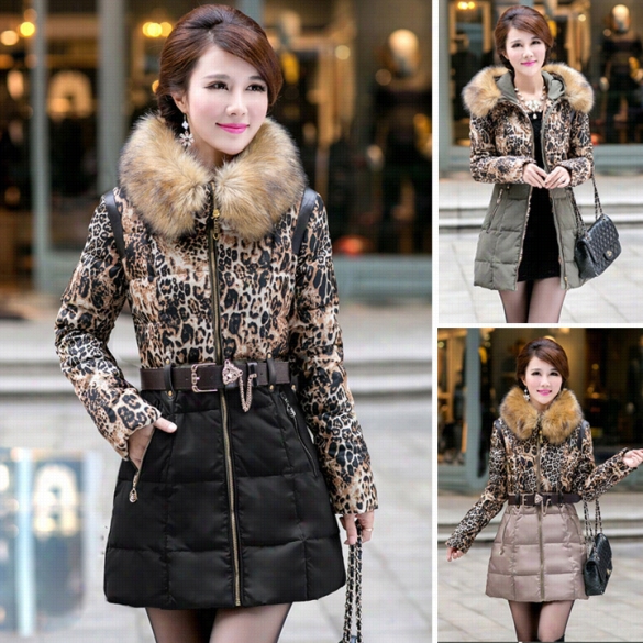 New Women's Winter Thick Large Leopard Removable Fur Collar Coat Long Coat Outerwear Parkas With Belt