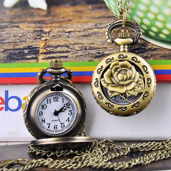 Rose Hollow Vintage Style Bronze Quartz Necklace Clock Pockef Watch