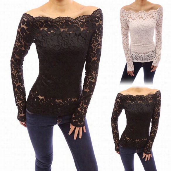 Sexy Women Lace Crochet Off Shoulder Slit Neck Slim Blouse Long Sleeve Holow Out Tops