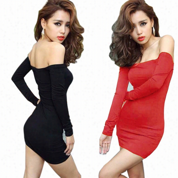 Sexy Women Slash Neck Long Sleeeve Mini Dress Off Shouler Bodycon Clubsear Drezs