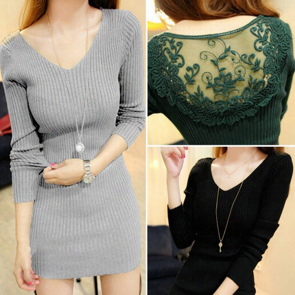 Sexy Women's Winter Knitted Sweater Pullover V-neck Lace Hollow Bac Tops