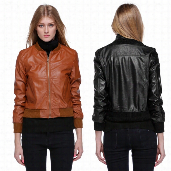 Stylish Krea Women's Girl Cool Outerwear Pu Leather Oat Jacket Two Color Tops