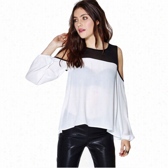 Stylish Ladies Women Casual Career Chiffon Long Sleeev Off-shoulder Top Blouse