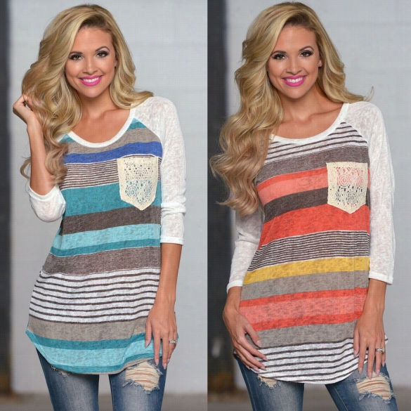 Stylihs Ladies Women Casual O-neck Long  Sleeve Striped Parchwork Pulllovve T-shirt