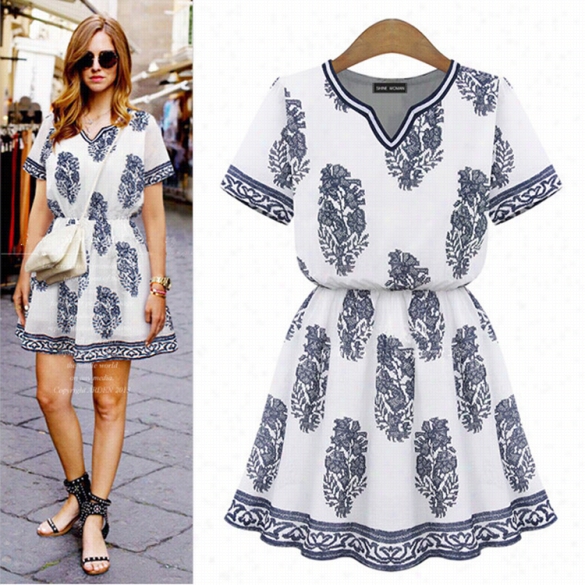 Stylish Ladies Women Casual V--neck Short Sleeve Print Pleated Dress