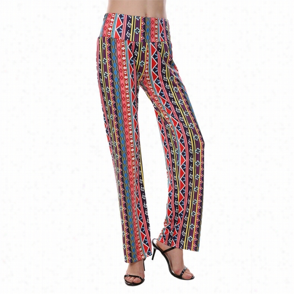 Stylish Ladies Women Geometric Print Elastic  Waist Loose Casual Straight Long Pants