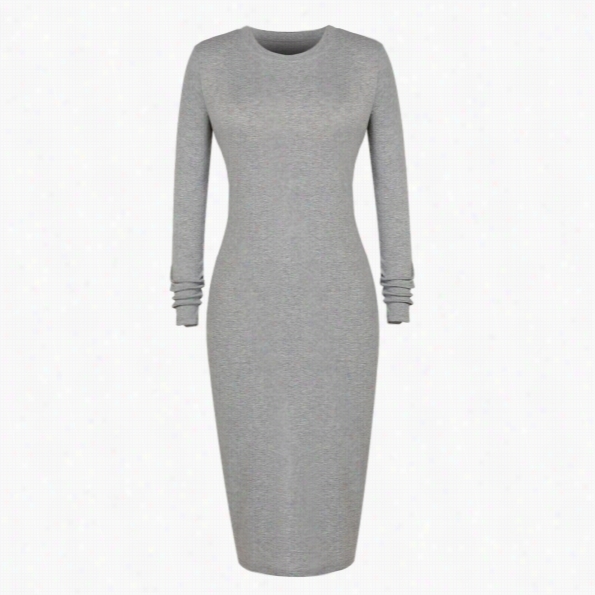 Stylish Ladies Women O Neck Long Sleeve Back Slit Sexy Bodycon Pencil Solid Accidental Dress Gray
