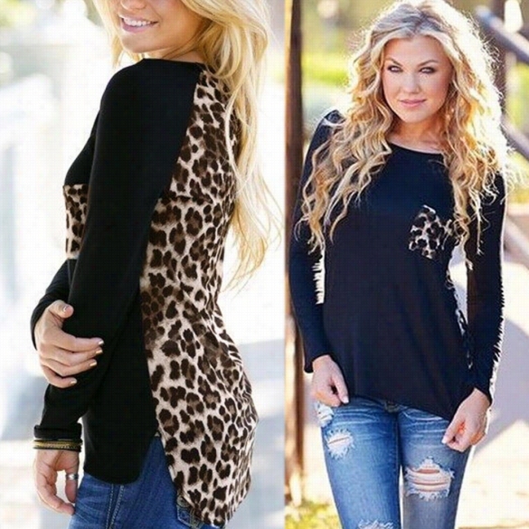 Stylish Ladies Women Sexy Lady Long Sleeve Irregular Patcywork Leopard Casual Cap Blouse