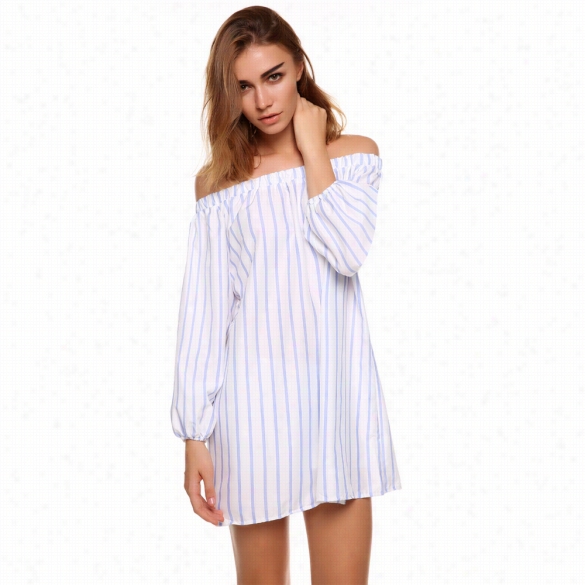 Stylish Ladies Women Sexy Off-shoulder Bost Neck Long Sleeve Veritca L Stripe C Asual Loose Mini Drwss