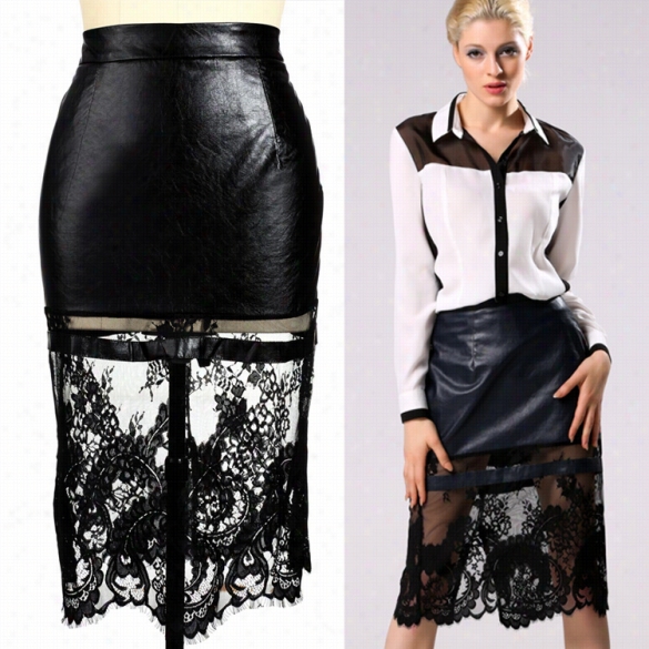 Stylish Lady Sexy Wommen's Fashion Patchwork Below Knee Midi Skirt Casual Party Black