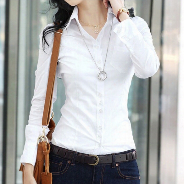 Stylish Lady Women Lapel Button Down Shirt Endure  Decor Casual O Shirt White Color