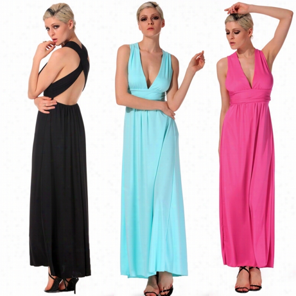 Stylish Lady Women Sexy V-neck Cross Strap Backless Partu Co Cktail Long Maxi Dress