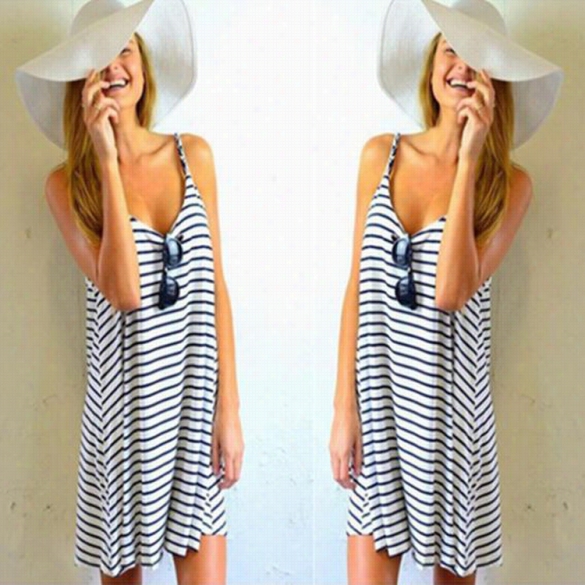 Stylish Lady Women Sleeveless Strap Striped Casual Sports  Loose Shift Dress