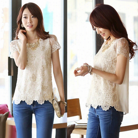 Fashionable Lady W Omen Sweet Short Slleeve Mesh Patchwork Floral Beads Decor Casual Chiffon Tops Blouse