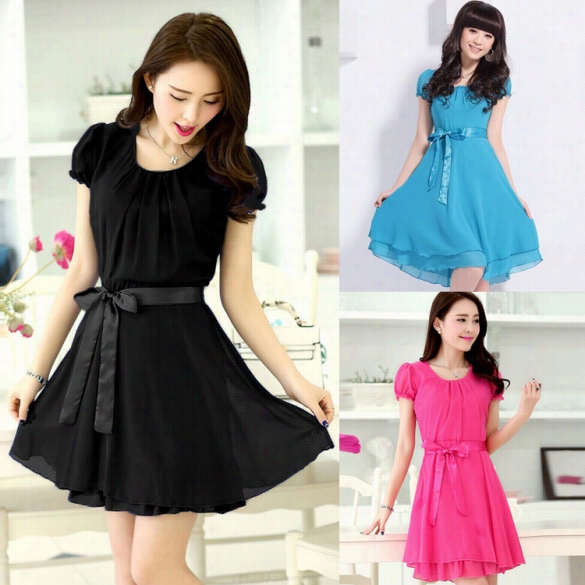 Stylish Lady Women's Casual Korean  O-neck S Hort Sleeve Layered Chiffon Dress