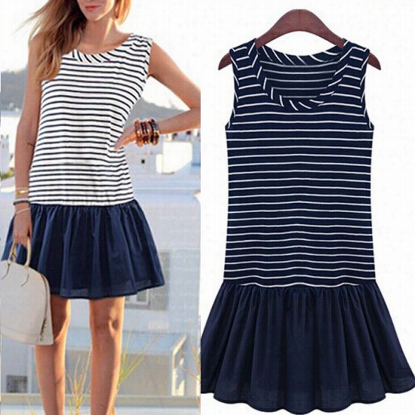 Stylish Lady Women's Casual Sleeveless O-neck Striped Party Becah Mini Dress