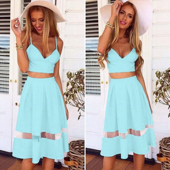 Fashionable Lady Women's Form Casuwl Dress Set Strap Backless Crop Tops And Pleated Dress