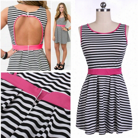 Stylish Lady Women's Fashion Casual Sleeveless Backless High Waist Stripe Mini A-line Dress