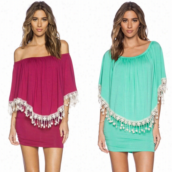 Stylish Lady Women's Sexy Slash Neck Double Layer Tassel Wrapped Chestd Ress