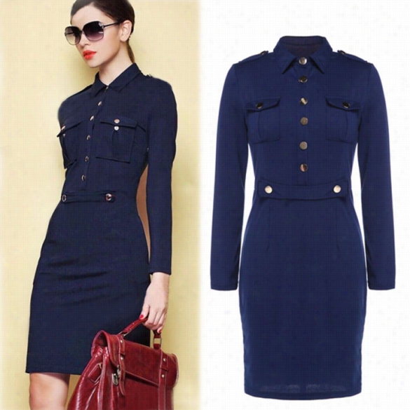 Stylish Lady's Collared Long Sleeve Slim Fit Pencil Bodycon Drses