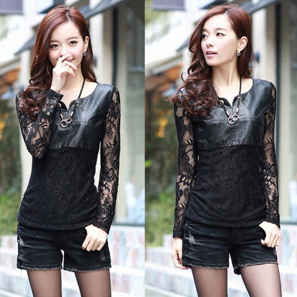 Styli Sh Lady's Long Sleeve Lace Splicing Fux Leatther Casual Slim Tops Shirt Blouse