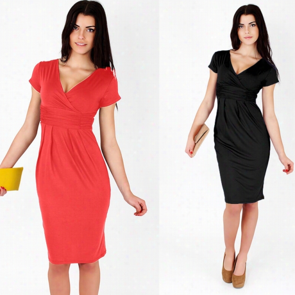 Stylish Sexy Lady Elegant Women's Fashion  Casual Short Slleeve V-neck High Waist Knee-length Shift Dress