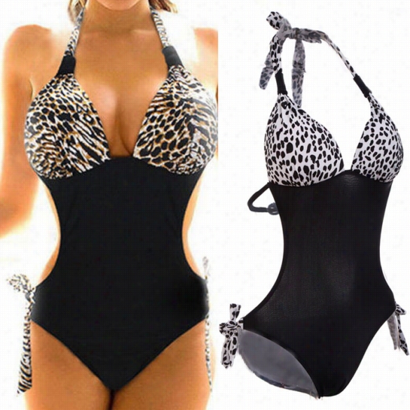 Stylish Sexy Women's Halter Leopard One Piece Bikini Beach Swimsuit Swimwear